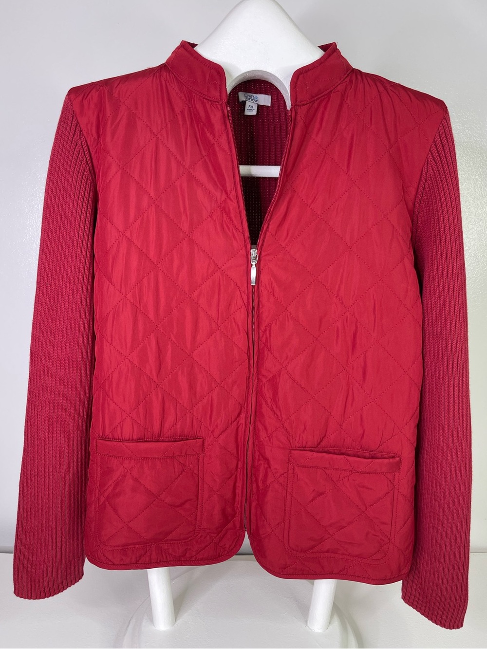 Croft & Barrow Petite XL Red Quilted Puffer Front Ribbed Knit Zip Sweater Jacket
